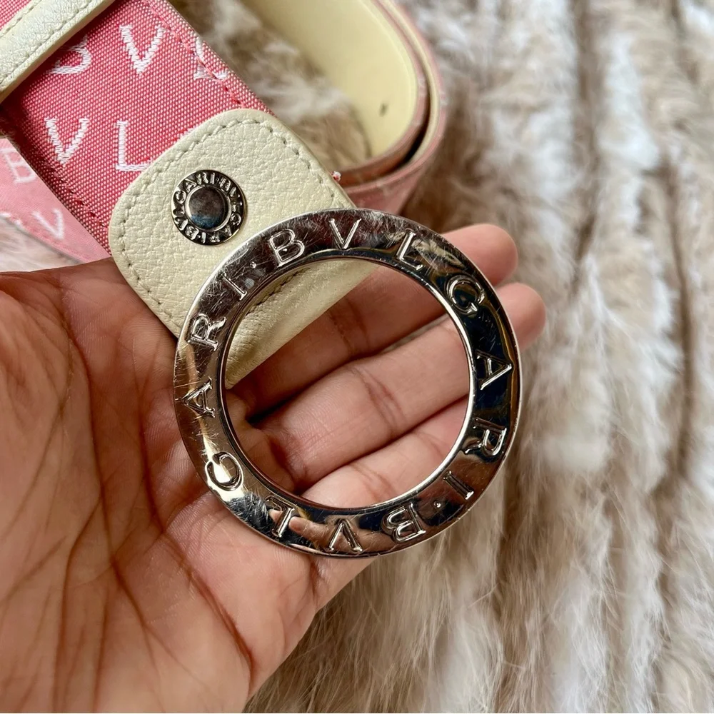 Bvlgari Pink Logo Print Canvas Logo Buckle Belt